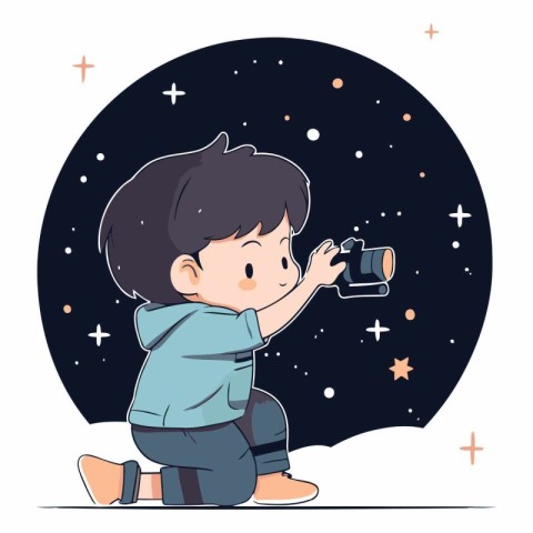 Boy with a camera on the background of the night starry sky