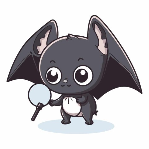 Cute cartoon vampire bat with magnifying glass.