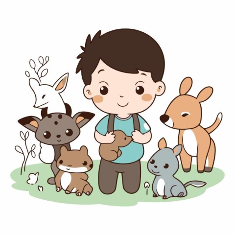 cute little boy with a group of animals.