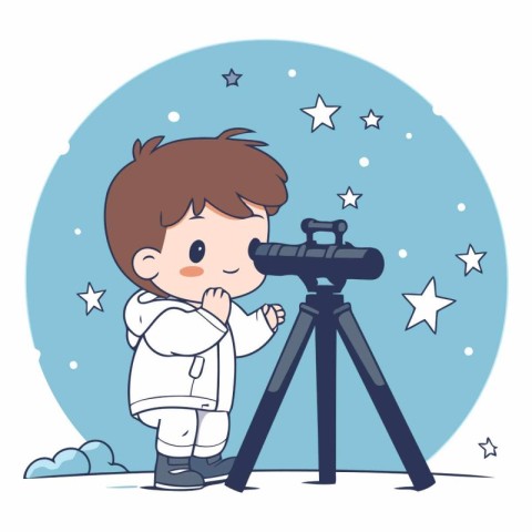 Boy looking through telescope on starry sky background.