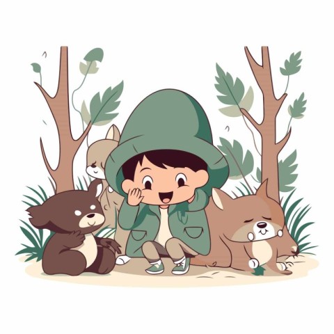 Boy in a raincoat and a dog in the forest