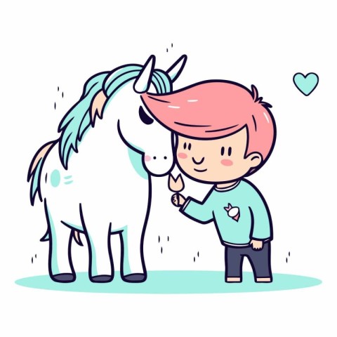 Cute little boy and unicorn in cartoon style.