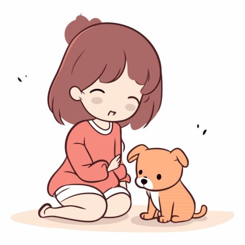 Cute little girl playing with her dog. Vector cartoon illustrati