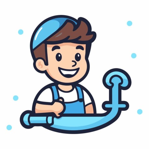 Vector cartoon illustration of a boy in cap and overalls holding