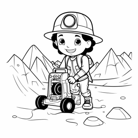 Boy playing with a toy excavator in the mountains