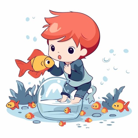 Illustration of a Little Boy Surrounded by Fish in an Aquarium