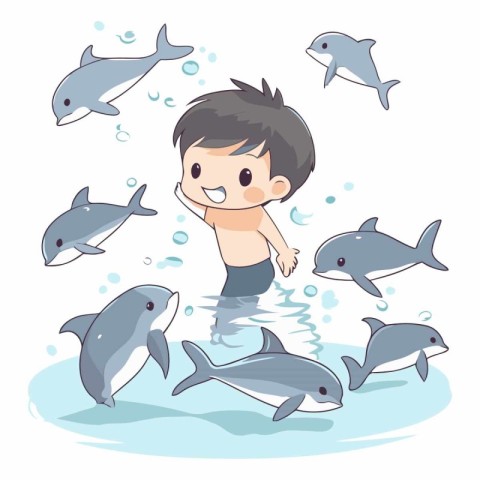 Boy swimming with dolphins in the water on white background.