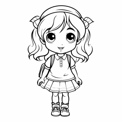 Cute little schoolgirl cartoon for coloring book.