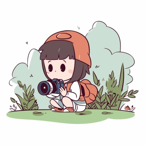 Illustration of a Little Girl Sitting on the Grass with a Camera