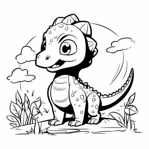 Cute Cartoon Dinosaur - Black and White Vector Illustration for