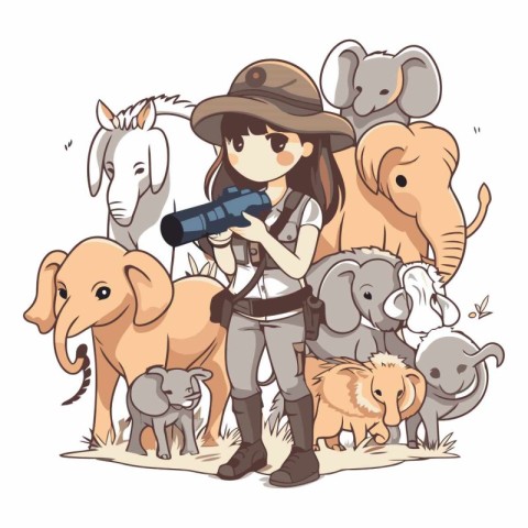 Illustration of a Cute Little Girl in Safari Clothing with Her A