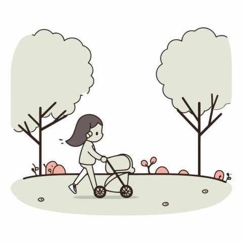 Illustration of a Girl Riding a Baby Carriage in the Park