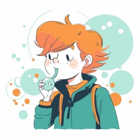 Young red-haired boy in a green jacket holds a thermometer in hi