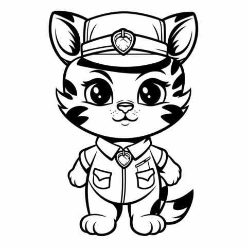 Black and White Cartoon Illustration of Cute Wild Cat Policeman