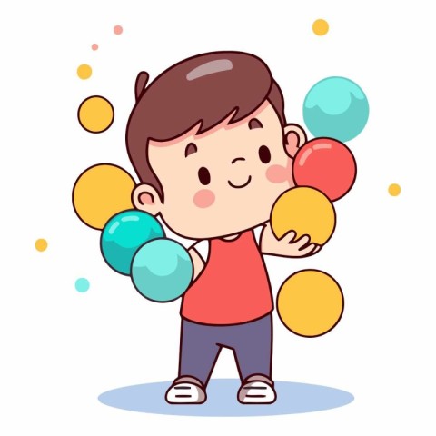 Cute little boy playing with colorful balloons. vector cartoon i