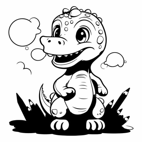 Cute Dinosaur - Black and White Cartoon Illustration. Raster