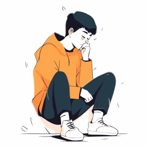 Sad young man sitting on the floor in sketch style.