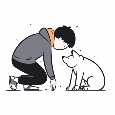 Vector illustration of a boy sitting on the floor with his dog.