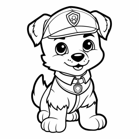 Black and White Cartoon Illustration of Cute Puppy Police Dog Co