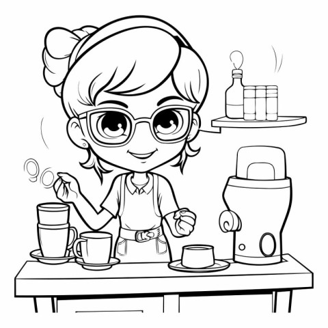 Cute little girl making coffee in the cafe.