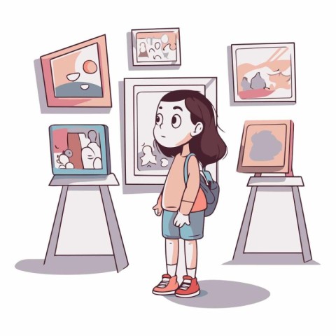 Young girl looking at pictures in art gallery vector illustratio