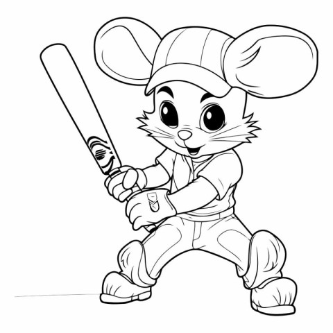 Mouse Baseball Mascot - Coloring Page Outline Vector Art