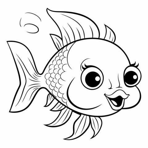 Black and White Cartoon Illustration of Cute Fish Animal Charact