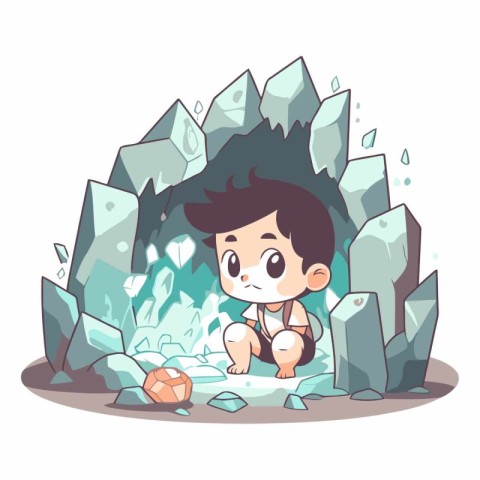 Cute cartoon boy playing basketball in ice cave.