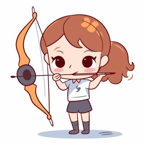 Cute little girl aiming with bow and arrow.