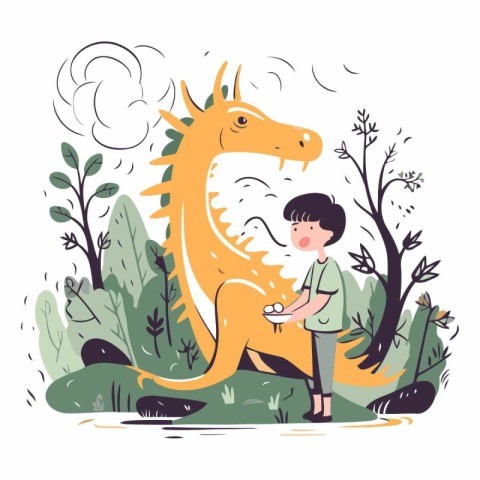 Cute little boy playing with a dragon in the park