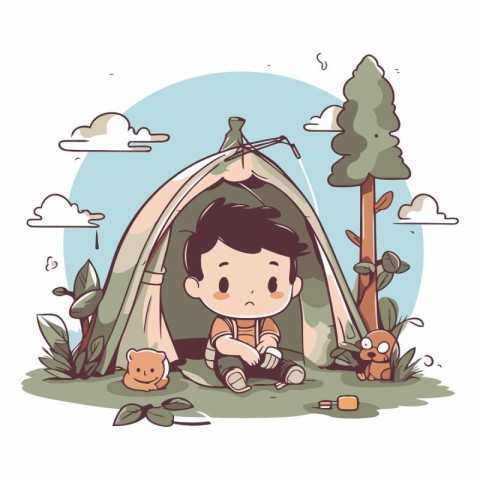 Cute little boy sitting in a tent in the jungle.