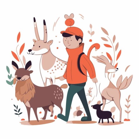 Vector illustration of a young man walking in the forest with de