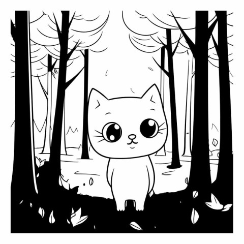 Cute cat in the forest in black and white.