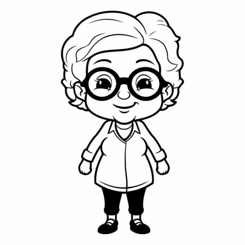 cute little girl with glasses. black and white vector illustrati