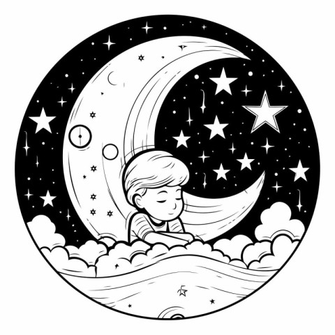 cute little boy sleeping in the night sky vector illustration gr