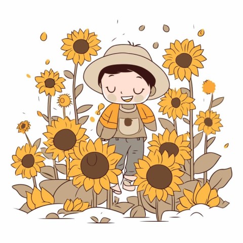 Cute little boy in the sunflower field.