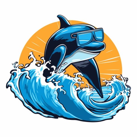 Dolphin jumping out of the water in retro style.