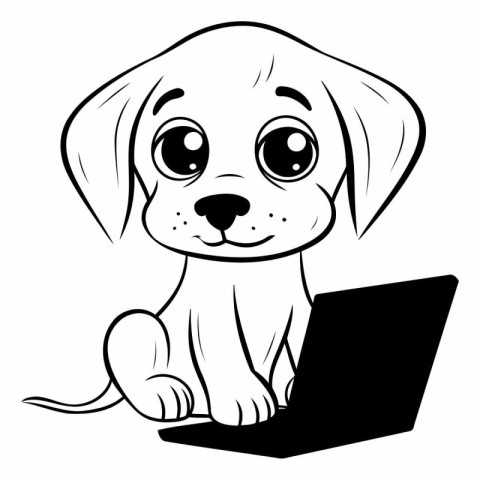 Cute puppy with laptop. illustration. vector on white background