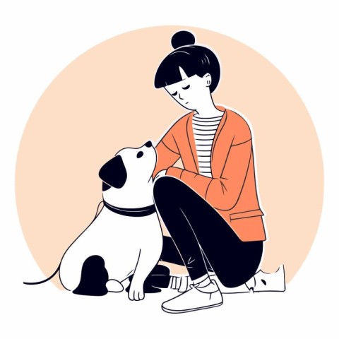 Young woman and her dog in a flat style.