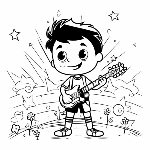 Vector illustration of a little boy playing the guitar. Cute car