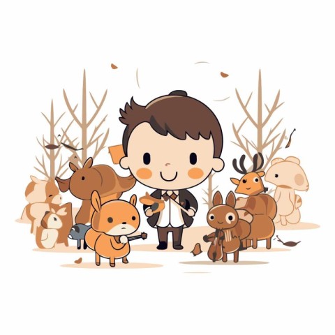 Cute boy and forest animals in cartoon style.