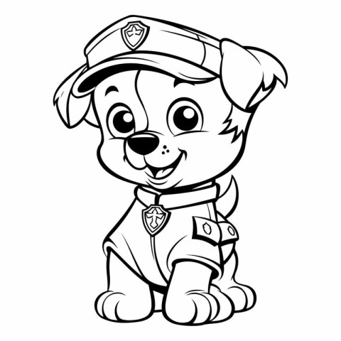 Black and White Cartoon Illustration of Cute Puppy Police Dog Co