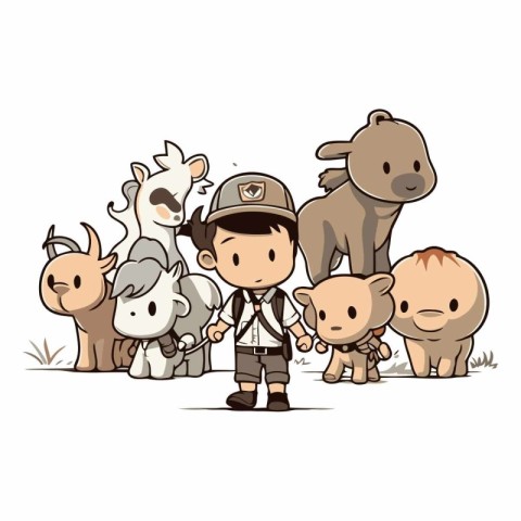 Cartoon safari boy with many wild animals.