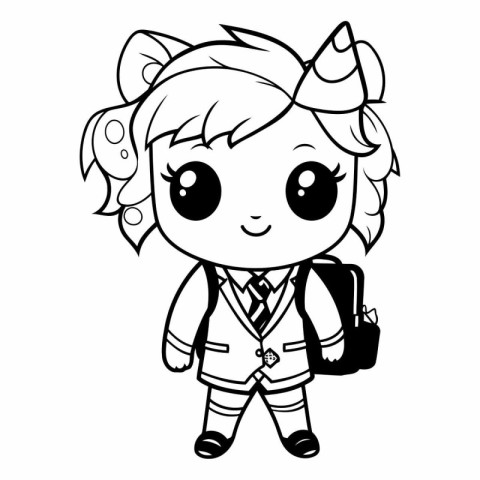 Black and White Cartoon Illustration of Cute Little Girl Student