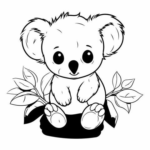 Cute koala cartoon with leaves for coloring book.