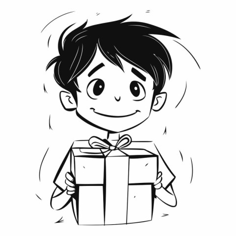 Boy with a gift box. Black and white vector illustration in cart