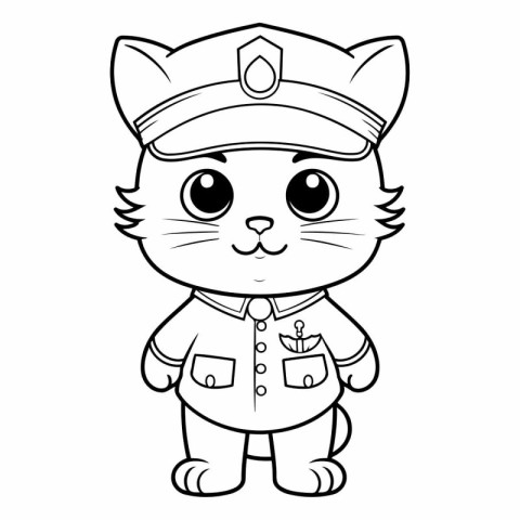 Black and White Cartoon Illustration of Cute Cat Captain Charact