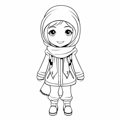 Cute cartoon girl in winter clothes for coloring book.