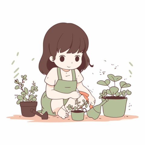 Illustration of a little girl planting a plant in the garden.