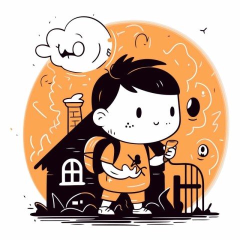 Boy with a backpack in front of the house.